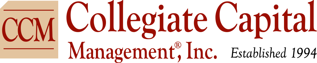 Collegiate Capital Management Logo - Dark red serif type with peach square and dark red type inside to left